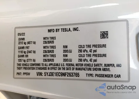 2022 Tesla Model 3 Performance Dual Motor All-Wheel Drive z USA, uszkodzony, nr VIN 5YJ3E1EC9NF263765